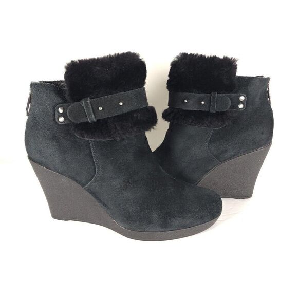 UGG Women's Antonia US 7 Black Suede Fur Cuffed Wedge Ankle Boots Booties - Picture 8 of 11